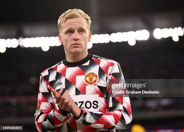 Donny van de Beek of Manchester United thanks the fans following the Pre-Season Friendly match between Manchester United and Crystal Palace at...