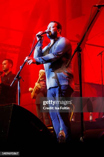 Chico Bouchikhi, singer of the Gipsy Kings during the Gipsy Kings concerte at the Thurn & Taxis Castle Festival on July 18, 2022 in Regensburg,...