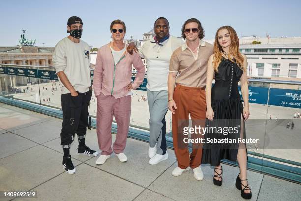 Dannero, actors Joey King, Brad Pitt, Brian Tyree Henry and Aaron Taylor-Johnson attend the "Bullet Train" photocall at Akademie der Kuenste on July...