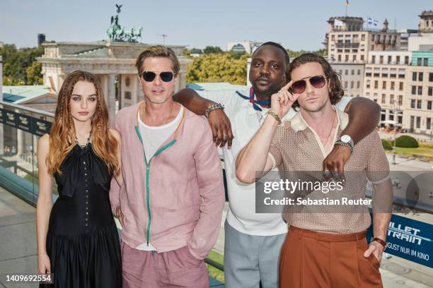 Actors Joey King, Brad Pitt, Brian Tyree Henry and Aaron Taylor-Johnson attend the "Bullet Train" photocall at Akademie der Kuenste on July 19, 2022...