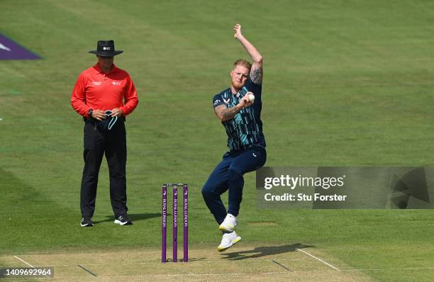 England bowler Ben Stokes in bowling action during the First Royal London ODI match between England and South Africa at Emirates Riverside on July...