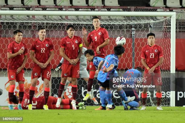 Yuki Soma of Japan scores his side's first goal during the EAFF E-1 Football Championship match between Japan and Hong Kong at Kashima Soccer Stadium...