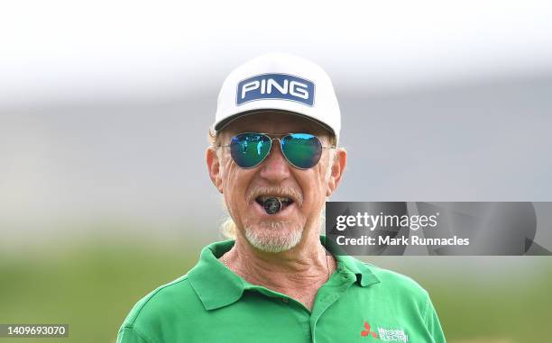 Miguel Angel Jimenez of Spain looks on at the 3rd hole prior to The Senior Open Presented by Rolex at The King's Course on July 19, 2022 in...