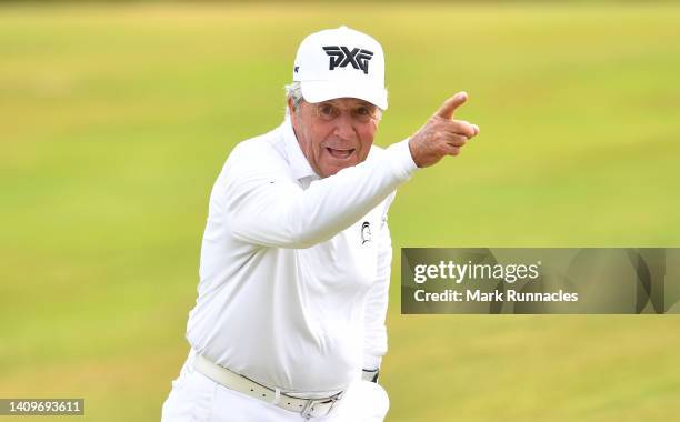 Gary Player of Republic of South Africa gestures at the 3rd green prior to The Senior Open Presented by Rolex at The King's Course on July 19, 2022...