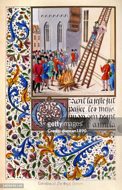 ilustraciones, imágenes clip art, dibujos animados e iconos de stock de manuscrito medieval iluminado que muestra la ejecución de hugh despenser el joven en hereford, colgado, dibujado y descuartizado, 1326 - manuscript