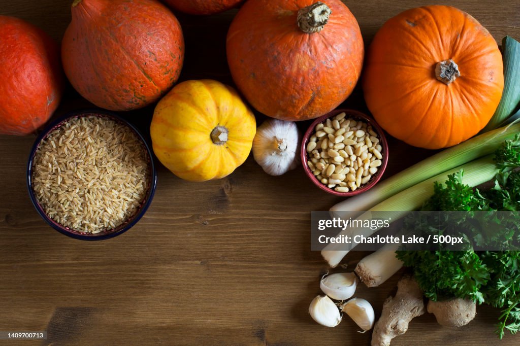 High angle view of various food on table