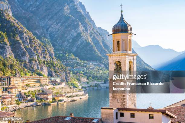 limone sul garda, town on the north west side of the famous lake in northern italy - bell tower tower stock pictures, royalty-free photos & images