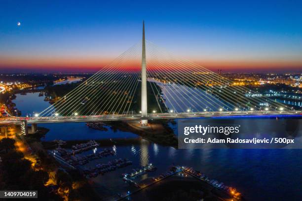 modern bridge with one pylon - ada bridge in belgrade in twilight,serbia,hala - belgrade skyline imagens e fotografias de stock