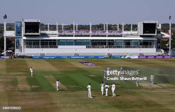 The players leave the field for tea on a day of shortened sessions due to the extreme heat during the LV= Insurance County Championship match between...