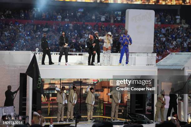 Dr. Dre performs in the Pepsi Halftime Show during the NFL Super Bowl LVI football game between the Cincinnati Bengals and the Los Angeles Rams at...