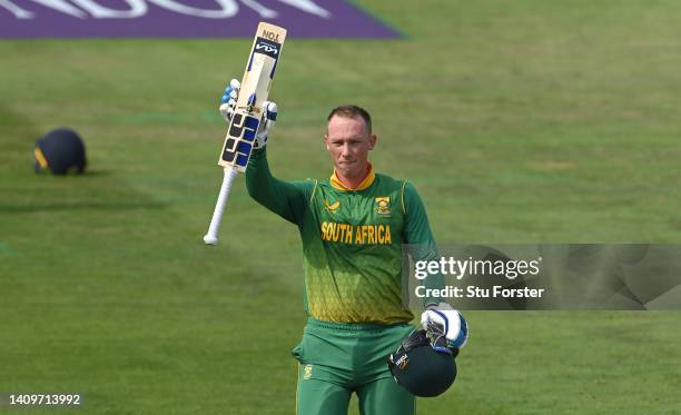 South Africa batsman Rassie van der Dussen reaches his century during the First Royal London ODI match between England and South Africa at Emirates...