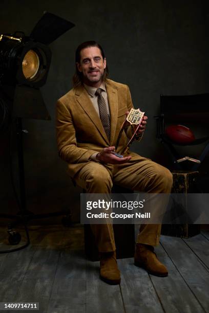Aaron Rodgers poses for a portrait after winning the AP Most Valuable Player Delivered by Pizza Hut award during the NFL Honors show at YouTube...