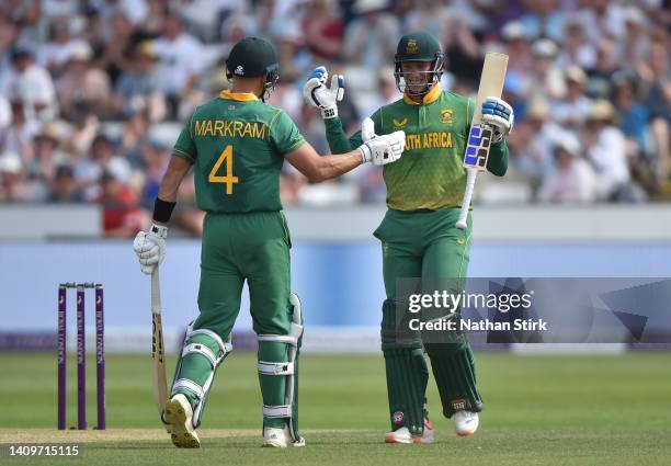 Rassie van der Dussen of South Africa is congratulated by Aiden Markram of South Africa after reaching his century during the 1st Royal London Series...