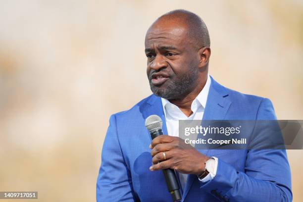 Executive Director of the NFL Players' Association DeMaurice Smith speaks at a press conference prior to Super Bowl LVI at the NFL Media Building on...