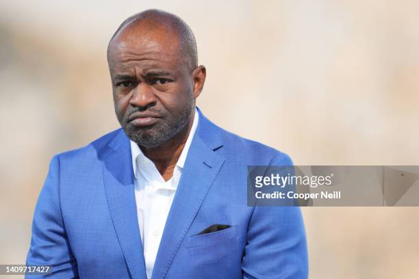Executive Director of the NFL Players' Association DeMaurice Smith speaks at a press conference prior to Super Bowl LVI at the NFL Media Building on...
