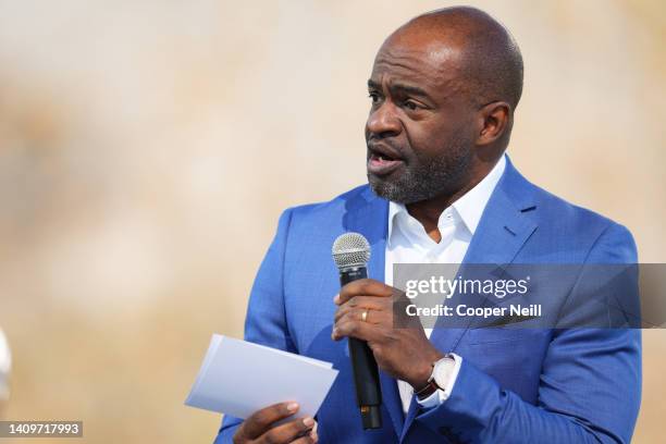 Executive Director of the NFL Players' Association DeMaurice Smith speaks at a press conference prior to Super Bowl LVI at the NFL Media Building on...