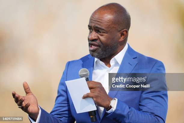 Executive Director of the NFL Players' Association DeMaurice Smith speaks at a press conference prior to Super Bowl LVI at the NFL Media Building on...