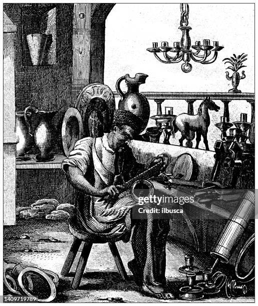 stockillustraties, clipart, cartoons en iconen met antique engraving illustration, civilization: bronze store - blacksmith shop