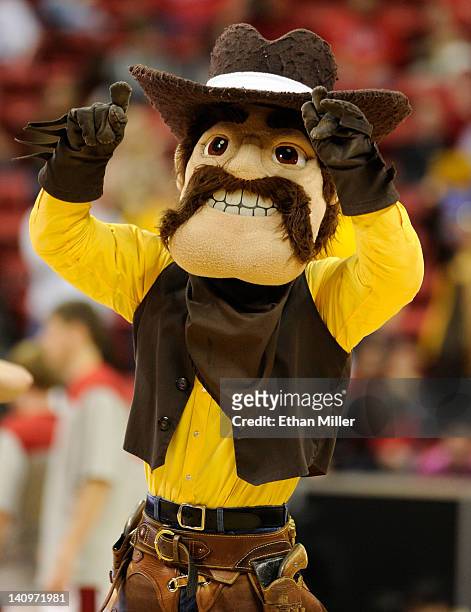 Wyoming Cowboys mascot Pistol Pete appears on the court as the team takes on the UNLV Rebels during a quarterfinal game of the Conoco Mountain West...