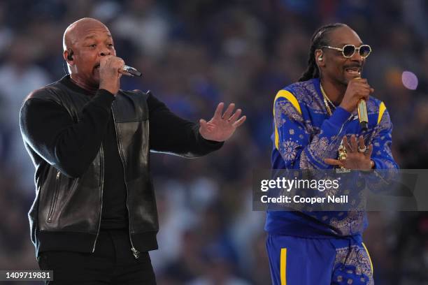 Dr. Dre performs with Snoop Dogg in the Pepsi Halftime Show during the NFL Super Bowl LVI football game between the Cincinnati Bengals and the Los...