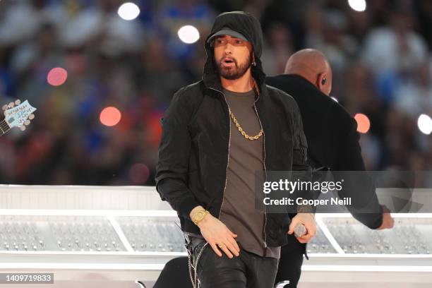 Eminem performs in the Pepsi Halftime Show during the NFL Super Bowl LVI football game between the Cincinnati Bengals and the Los Angeles Rams at...