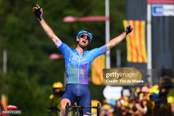 Hugo Houle of Canada and Team Israel - Premier Tech celebrates at finish line as stage winner during the 109th Tour de France 2022, Stage 16 a...