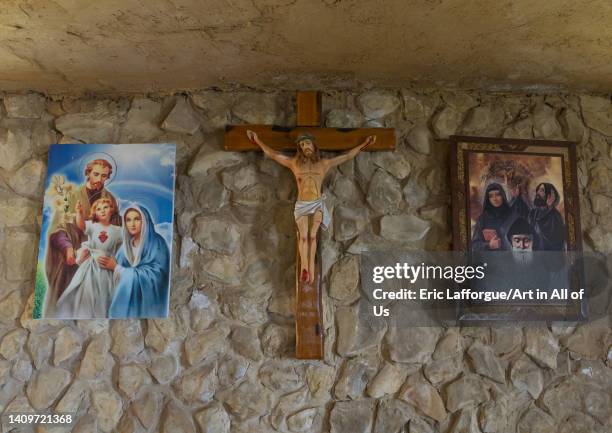 Jesus on the cross in Mar Youssouf maronite monastery, North Lebanon Governorate, Hardine, Lebanon on June 1, 2022 in Hardine, Lebanon.