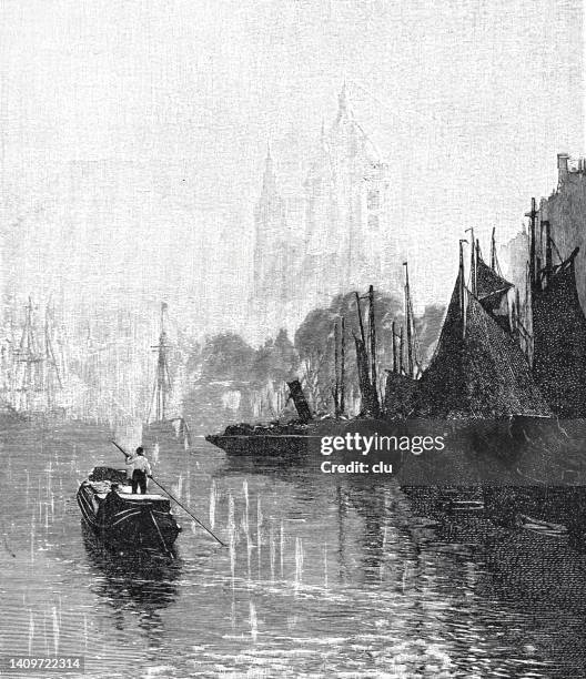 a canal in amsterdam - amstel river stock illustrations