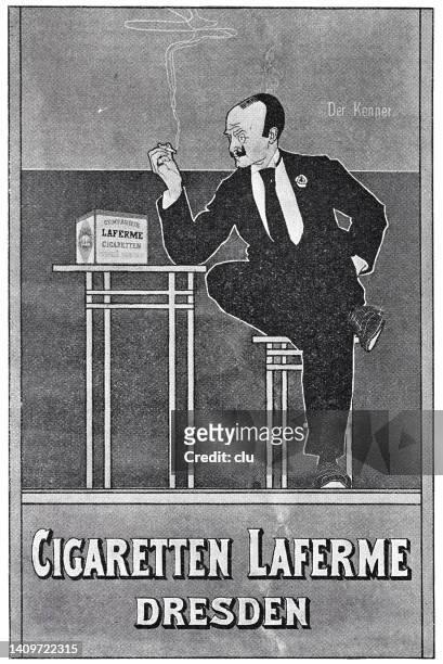 advertisement vor cigarettes laferme, dresden, elegant man sitting on a table, smoking a cigarette - vor stock illustrations