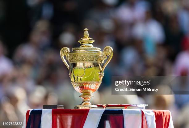 The Mens Singles Final trophy sits on a table before being presented to Novak Djokovic of Serbia at The Wimbledon Lawn Tennis Championship at the All...