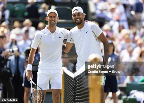 Novak Djokovic of Serbia and Nick Kyrgios of Australia before the Mens Singles Final at The Wimbledon Lawn Tennis Championship at the All England...