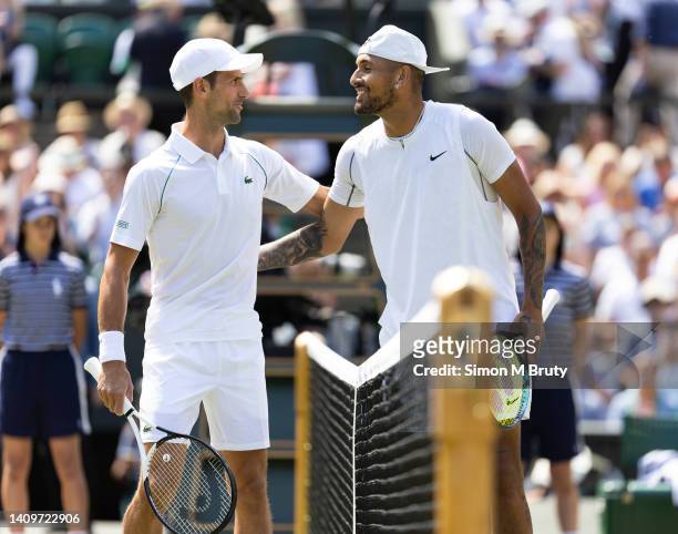 Novak Djokovic of Serbia and Nick Kyrgios of Australia before the Mens Singles Final at The Wimbledon Lawn Tennis Championship at the All England...