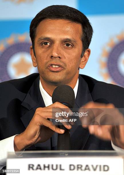 Indian cricketer Rahul Dravid, speaks at a press conference held to announce his retirement from Test cricket in Bangalore on March 9, 2012. Dravid...