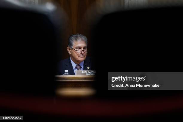 Senate Energy and Natural Resources Committee Chairman Joe Manchin speaks in a hearing at the Dirksen Senate Office Building on July 19, 2022 in...