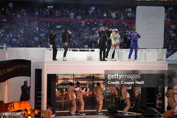 Dr. Dre performs in the Pepsi Halftime Show during the NFL Super Bowl LVI football game between the Cincinnati Bengals and the Los Angeles Rams at...