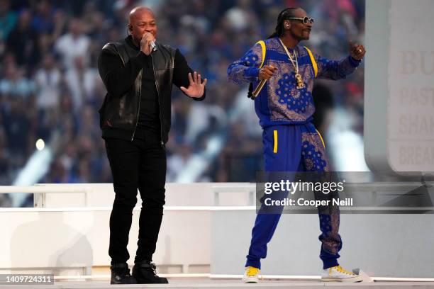 Dr. Dre performs in the Pepsi Halftime Show during the NFL Super Bowl LVI football game between the Cincinnati Bengals and the Los Angeles Rams at...