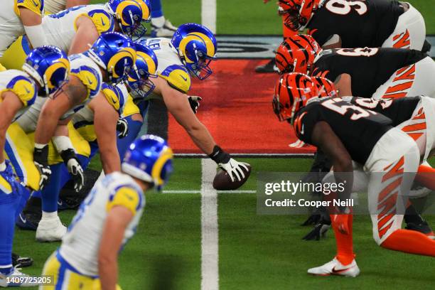 Brian Allen of the Los Angeles Rams prepares to snap the ball during to the NFL Super Bowl LVI football game against the Cincinnati Bengals at SoFi...