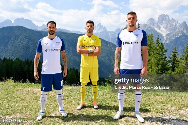 Luis Alberto, Luis Maximiano and Sergej Milinkovic Savic of SS Lazio pose during the SS Lazio unveil new third kit on July 19, 2022 in Auronzo di...