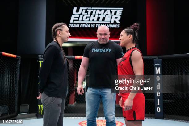 Juliana Miller and Brogan Walker face off during the filming of The Ultimate Fighter at UFC APEX on March 10, 2022 in Las Vegas, Nevada.