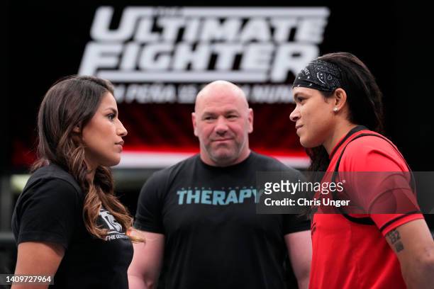 Julianna Pena and Amanda Nunes face off during the filming of The Ultimate Fighter at UFC APEX on March 10, 2022 in Las Vegas, Nevada.