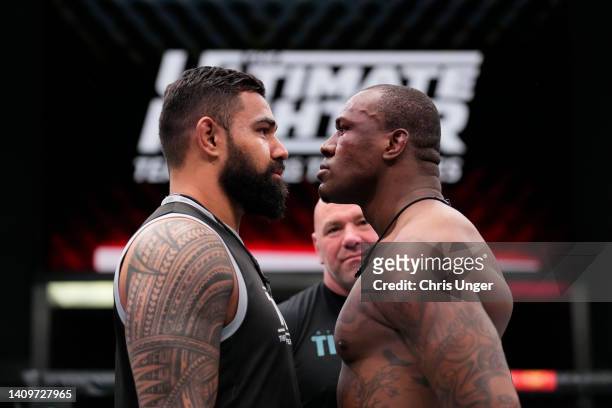 Zac Pauga and Mohammed Usman face off during the filming of The Ultimate Fighter at UFC APEX on March 10, 2022 in Las Vegas, Nevada.