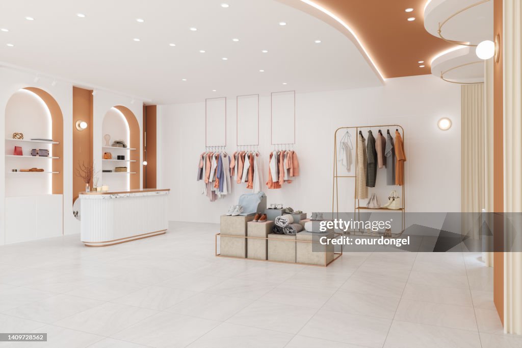 Luxury Clothing Store Interior With Clothes, Shoes And Personal Accessories