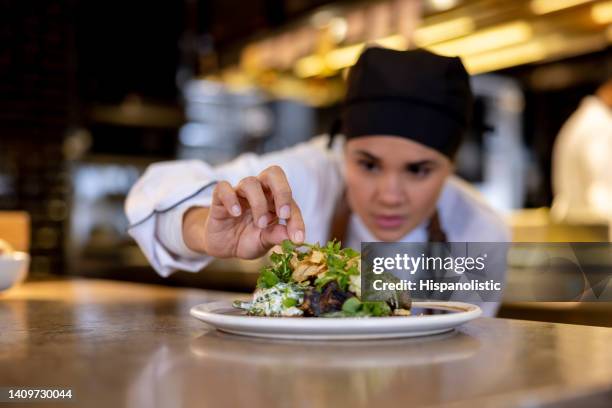 chef decorating a plate while working at a commercial kitchen - female chef stock pictures, royalty-free photos & images