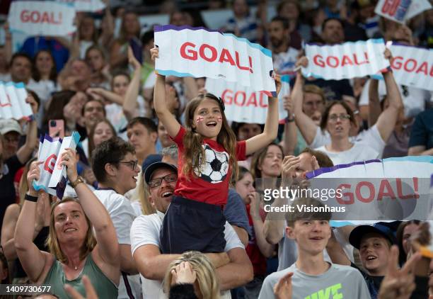 England fans celebrate a goal during the UEFA Women's Euro England 2022 group A match between England and Norway at Brighton & Hove Community Stadium...
