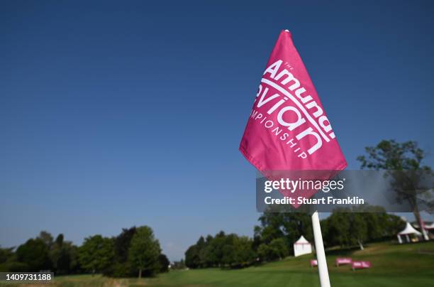 View of the flag on the 18th green prior to The Amundi Evian Championship at Evian Resort Golf Club on July 19, 2022 in Evian-les-Bains, France.