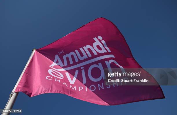 Sponsors flag is seen prior to The Amundi Evian Championship at Evian Resort Golf Club on July 19, 2022 in Evian-les-Bains, France.