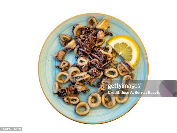 fried squid dish with olive oil. - aperitivo plato de comida imagens e fotografias de stock