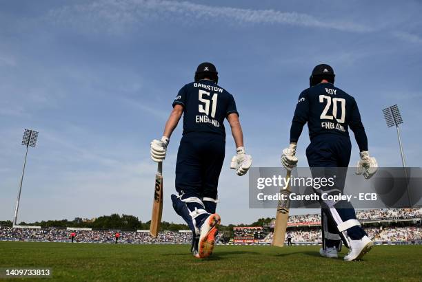 Jonny Bairstow and Jason Roy of England walk out to walk out to bat ahead during the 1st Royal London Series One Day International match between...