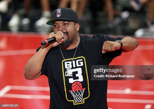 Ice Cube performs during halftime in the game between the 3 Headed Monsters and Triplets in BIG3 Week 5 at Comerica Center on July 17, 2022 in...
