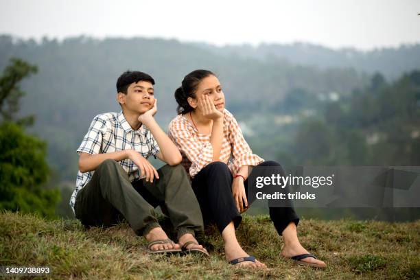 teenage boy and girl admiring view outdoors from hill - brother sister stock pictures, royalty-free photos & images